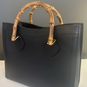 Vintage Gucci, Diana, bamboo double handle top handle black leather tote. EUC
